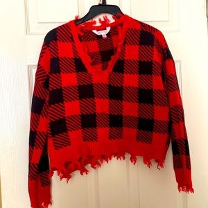 Red Plaided Crop Top Sweater